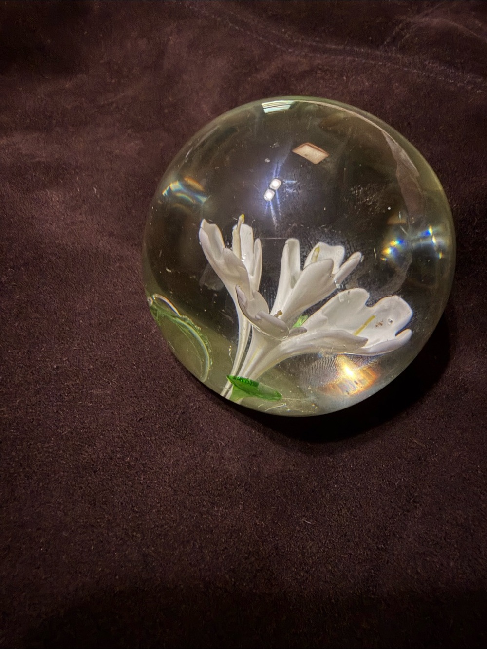 Glass Flower Paperweight - White Floral Home Art